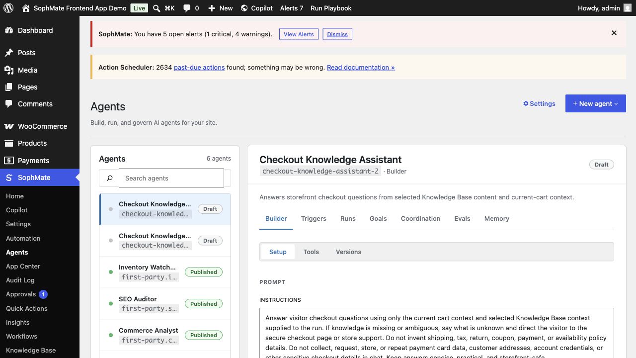 SophMate Agents builder inside wp-admin with triggers, runs, goals, evals, memory, and live preview.