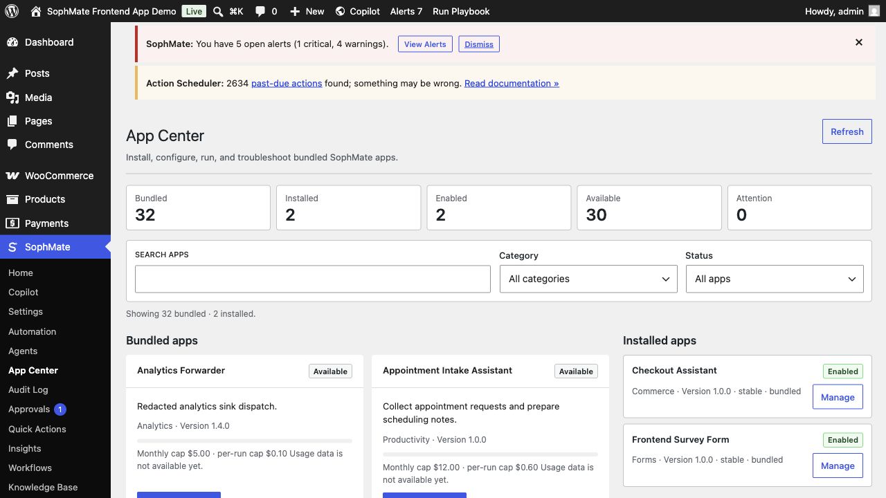 SophMate App Center inside wp-admin showing bundled apps, installed apps, and custom app registration.