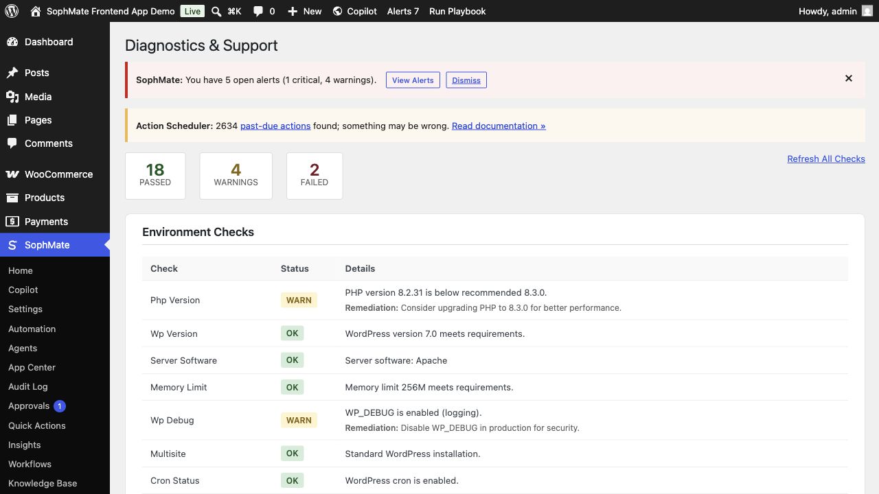 SophMate Diagnostics and Support screen inside wp-admin with environment checks and support bundle tools.