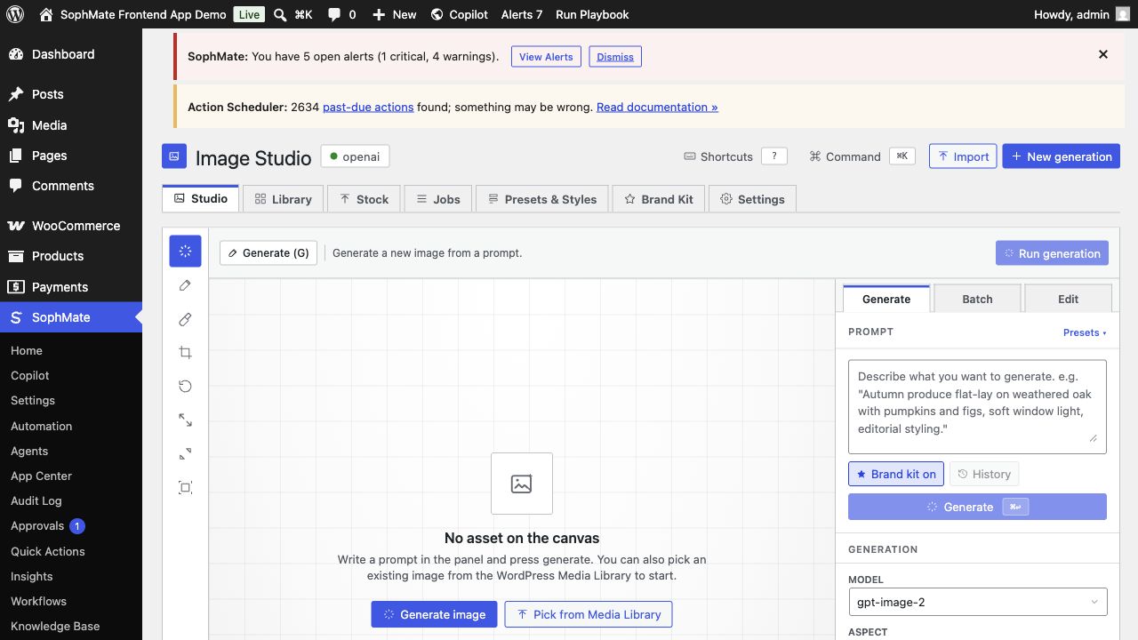 SophMate Image Studio inside wp-admin with prompt controls, presets, brand kit, and media-library import.