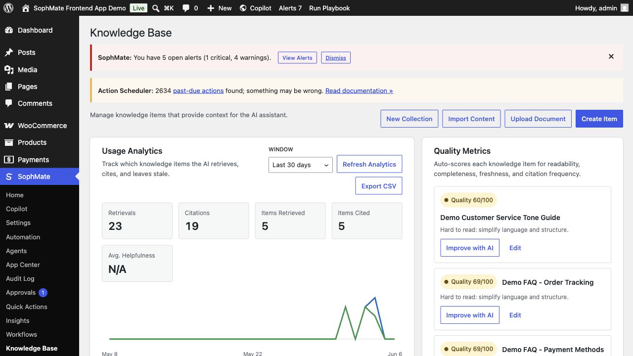 SophMate Knowledge Base screen inside wp-admin with collections, quality metrics, and policy items.
