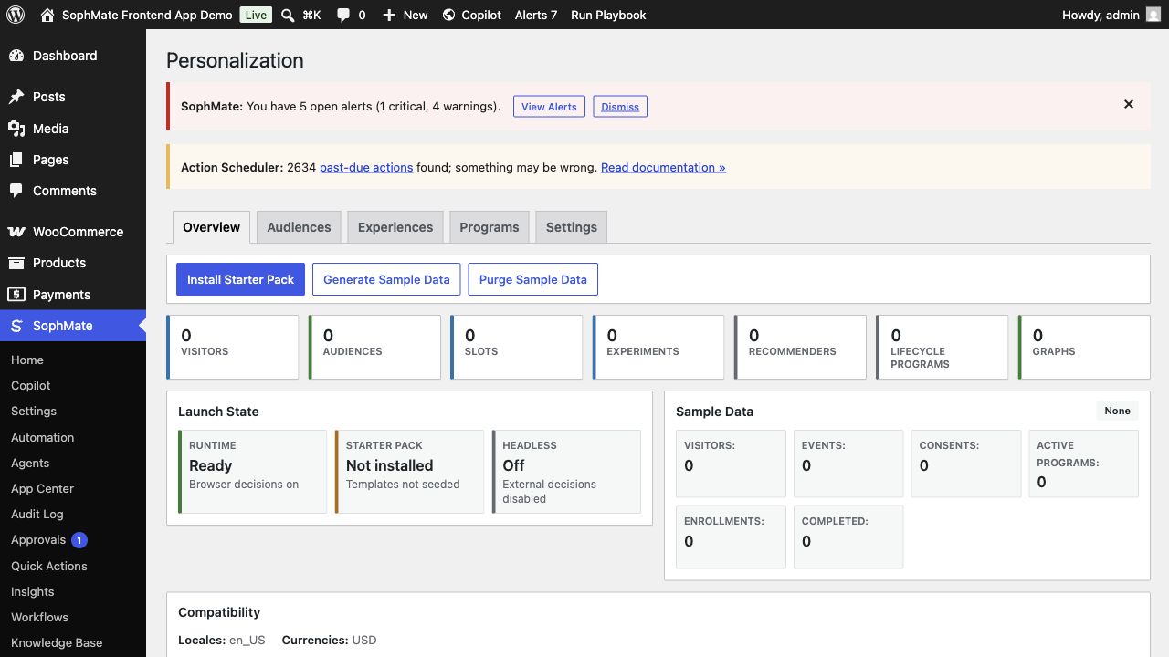 SophMate Personalization dashboard with launch state, sample data, graph health, and setup queue.