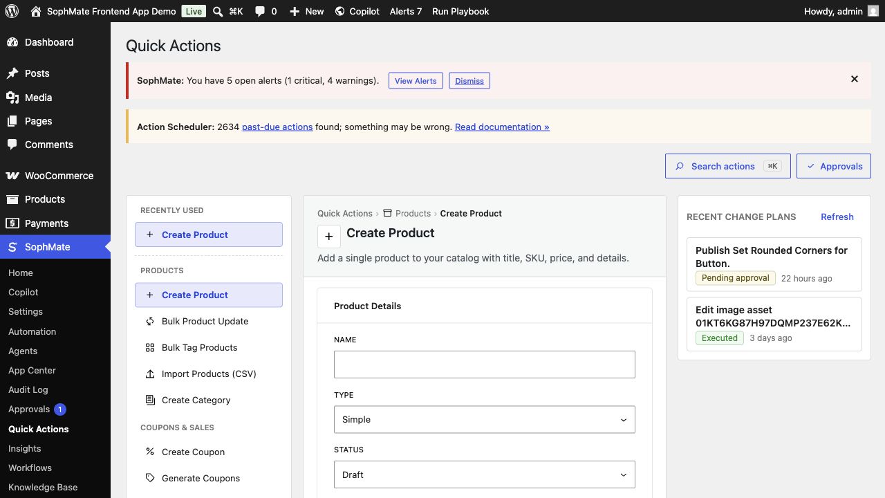 SophMate Quick Actions screen inside wp-admin for products, coupons, orders, customers, store tasks, and agents.