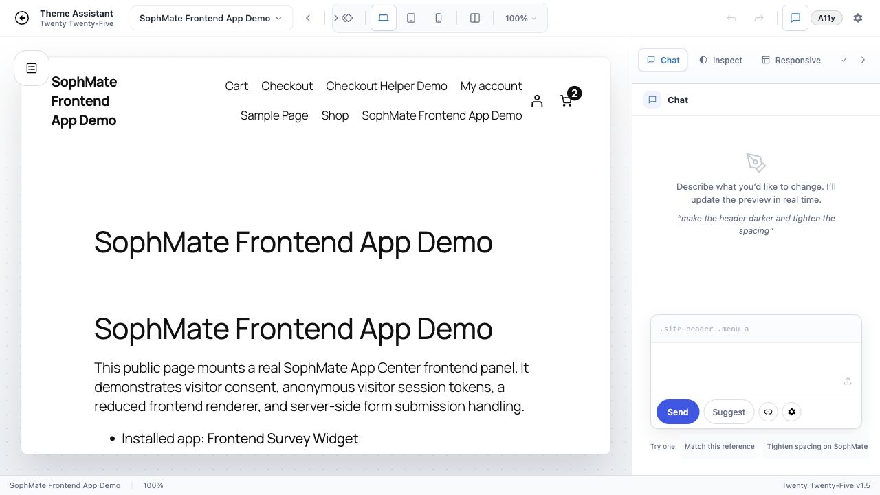 SophMate Theme Assistant showing live preview, design chat, responsive controls, and accessibility checks.