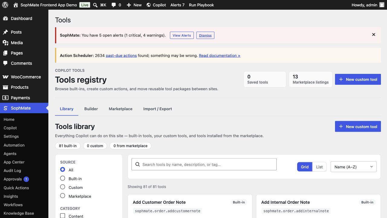 SophMate Tools registry inside wp-admin with built-in and custom tool definitions.