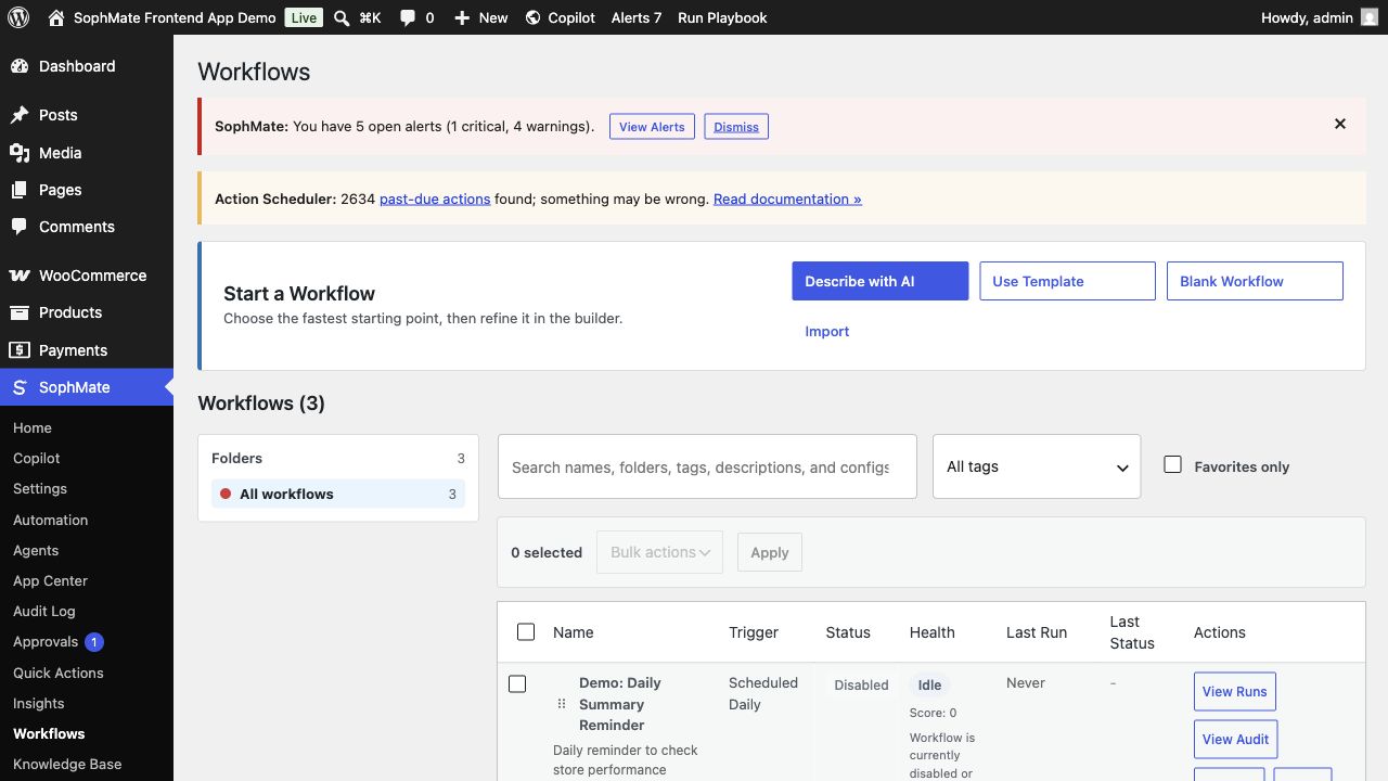 SophMate Workflows dashboard inside wp-admin with workflow creation, templates, run history, and analytics.