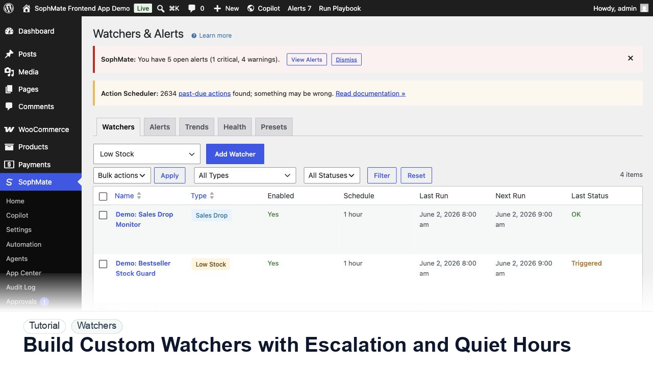 SophMate tutorial image for Build Custom Watchers with Escalation and Quiet Hours showing the related wp-admin workflow context.