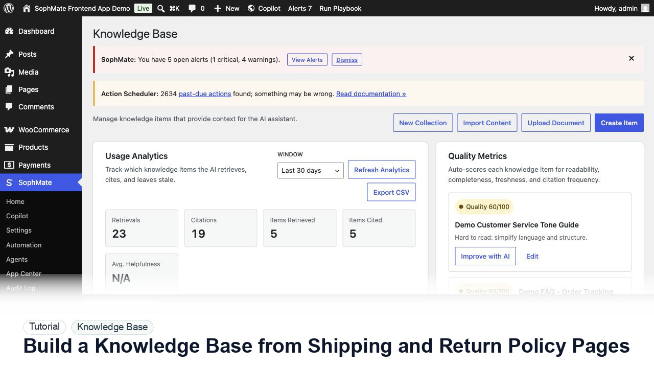 SophMate tutorial image for Build a Knowledge Base from Shipping and Return Policy Pages showing the related wp-admin workflow context.