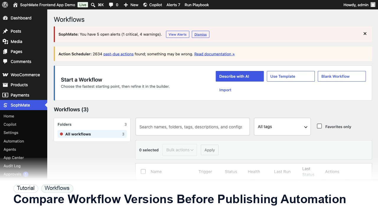 SophMate tutorial image for Compare Workflow Versions Before Production Rollout showing the related wp-admin workflow context.