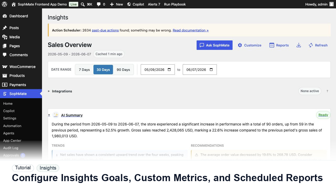 SophMate tutorial image for Configure Insights Goals, Custom Metrics, and Scheduled Reports showing the related wp-admin workflow context.