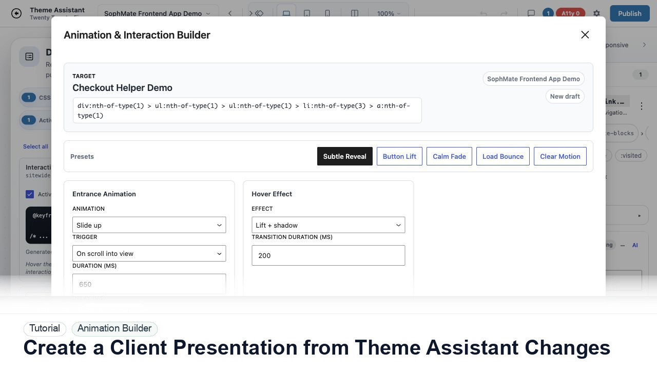 SophMate tutorial image for Create a Client Presentation from Theme Assistant Changes showing the related wp-admin workflow context.