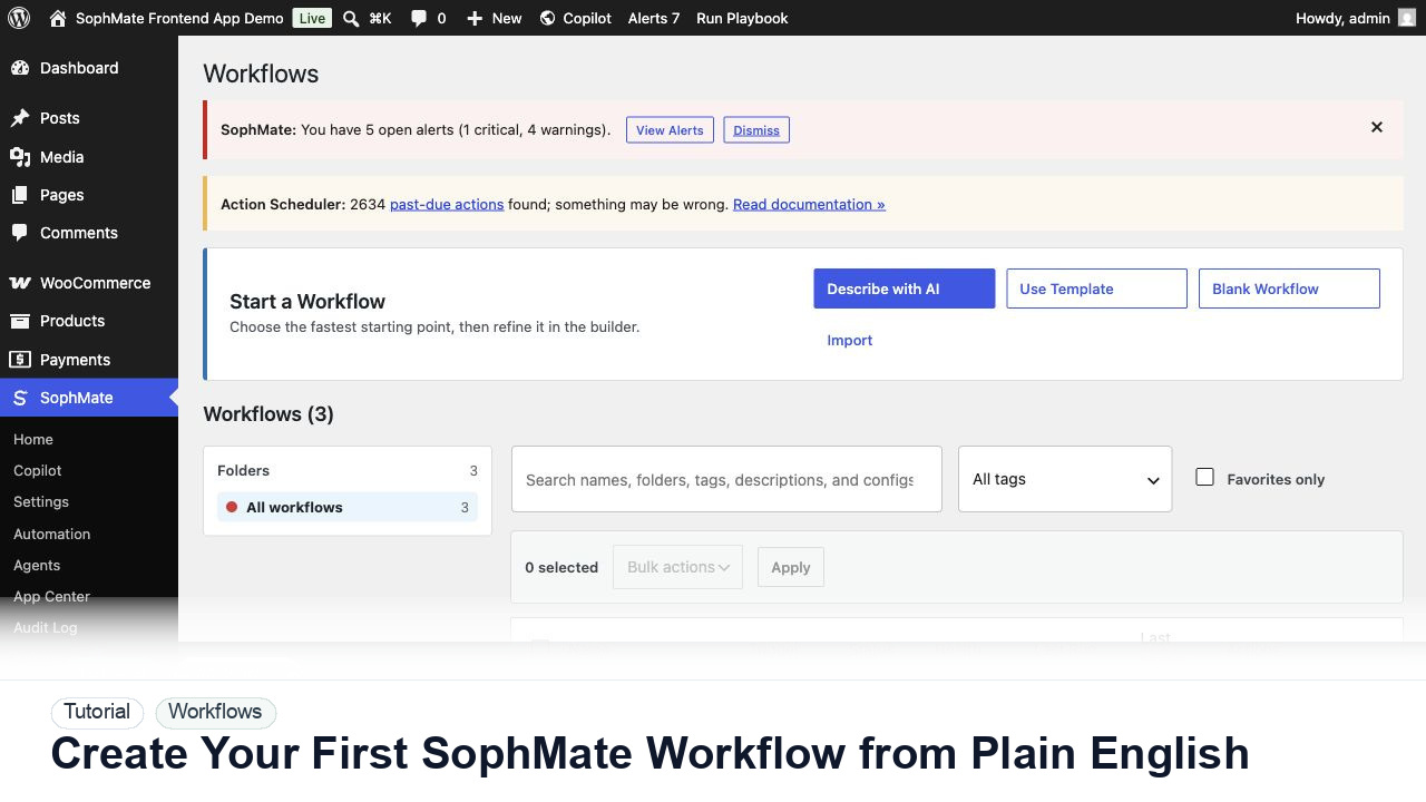 SophMate tutorial image for Create Your First SophMate Workflow from Plain English showing the related wp-admin workflow context.