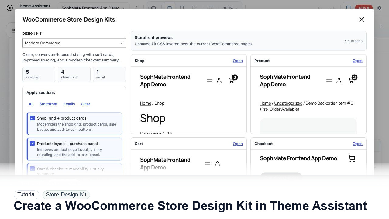 SophMate tutorial image for Create a WooCommerce Store Design Kit in Theme Assistant showing the related wp-admin workflow context.