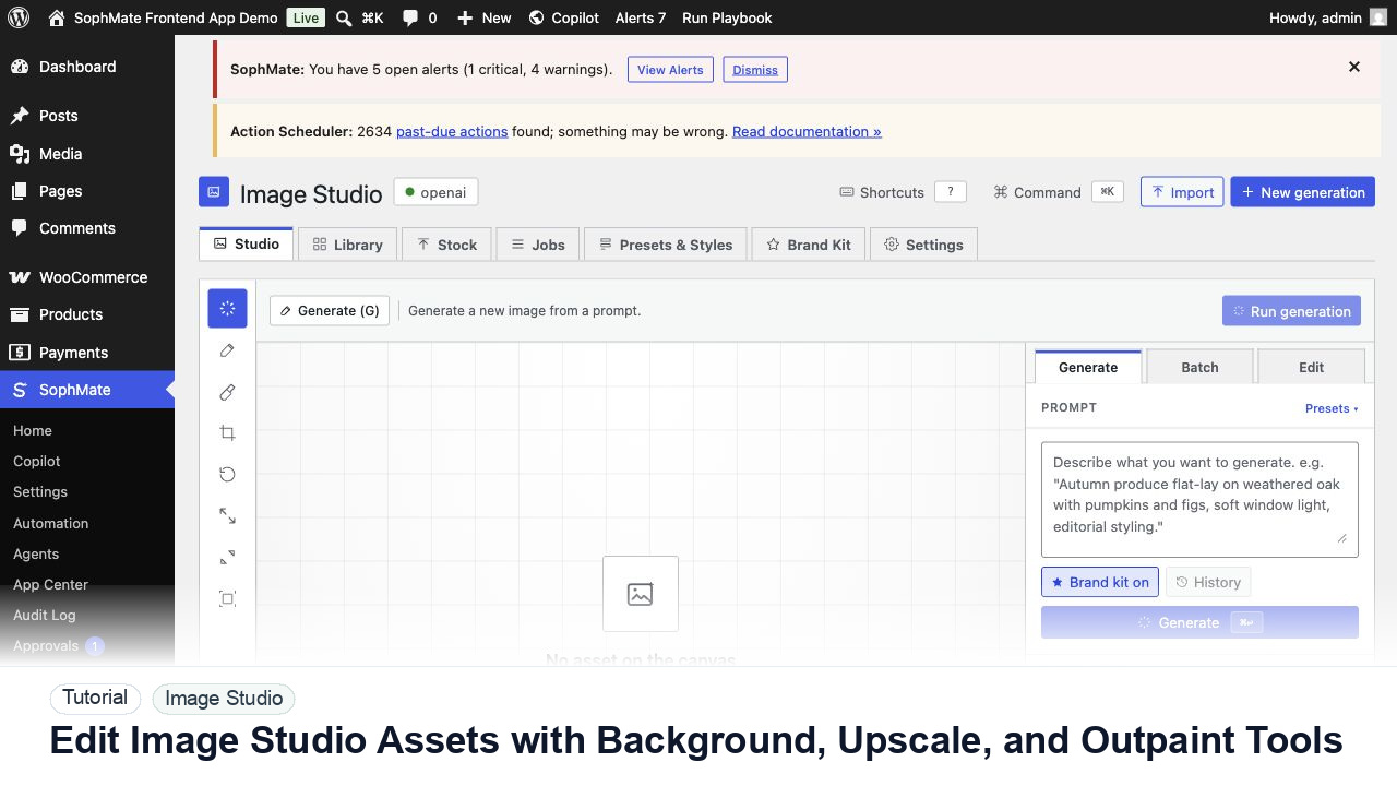SophMate tutorial image for Edit Image Studio Assets with Background, Upscale, and Outpaint Tools showing the related wp-admin workflow context.