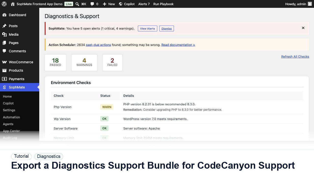 SophMate tutorial image for Export a Diagnostics Support Bundle for CodeCanyon Support showing the related wp-admin workflow context.