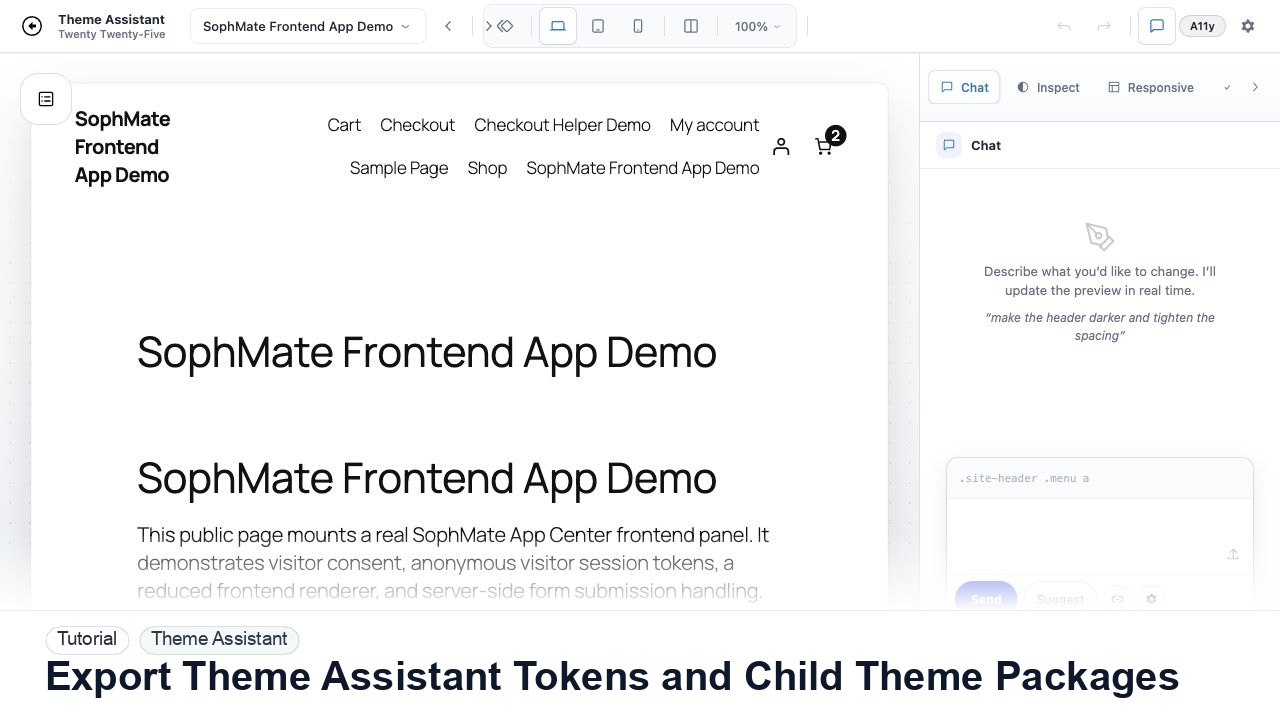 SophMate tutorial image for Export Theme Assistant Tokens and Child Theme Packages showing the related wp-admin workflow context.