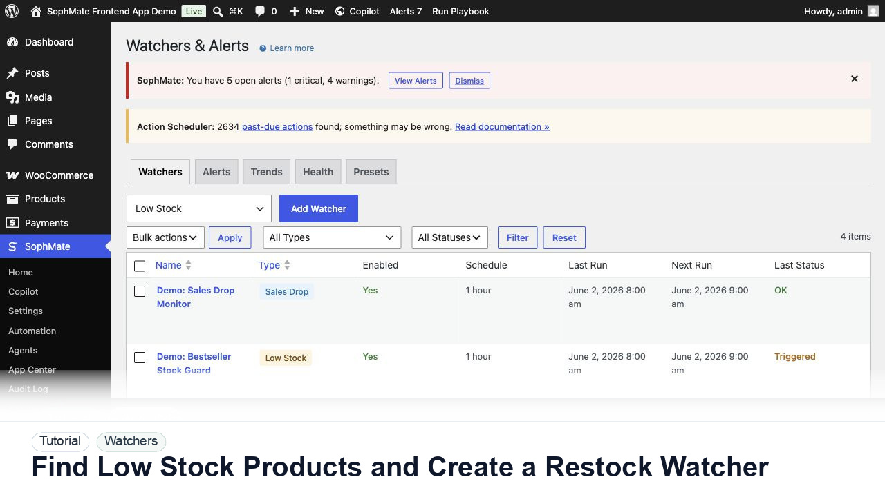 SophMate tutorial image for Find Low Stock Products and Create a Restock Watcher showing the related wp-admin workflow context.