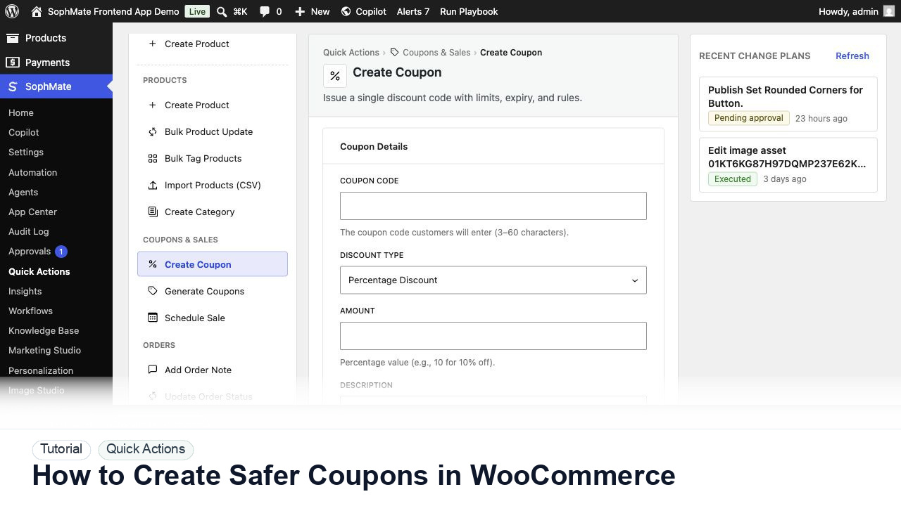 SophMate tutorial image for How to Create Safer Coupons in WooCommerce showing the related wp-admin workflow context.