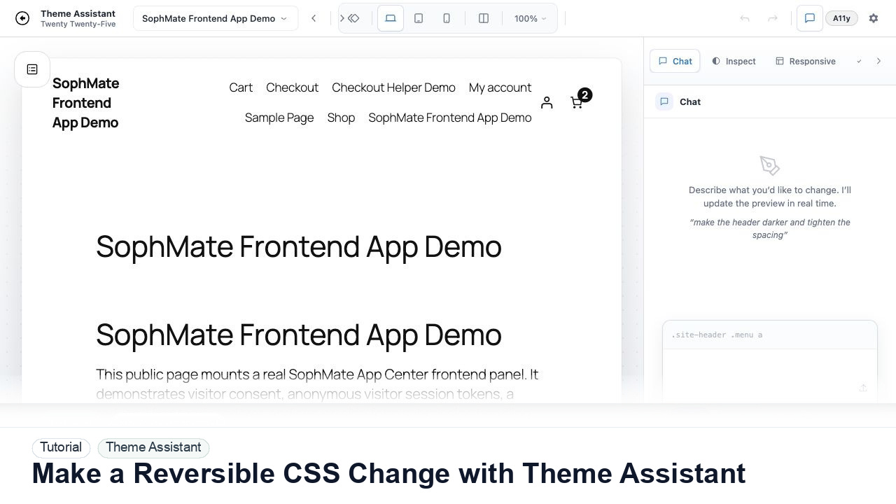 SophMate tutorial image for Make a Reversible CSS Change with Theme Assistant showing the related wp-admin workflow context.