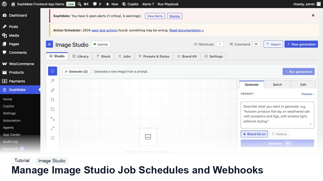 SophMate tutorial image for Manage Image Studio Job Schedules and Webhooks showing the related wp-admin workflow context.