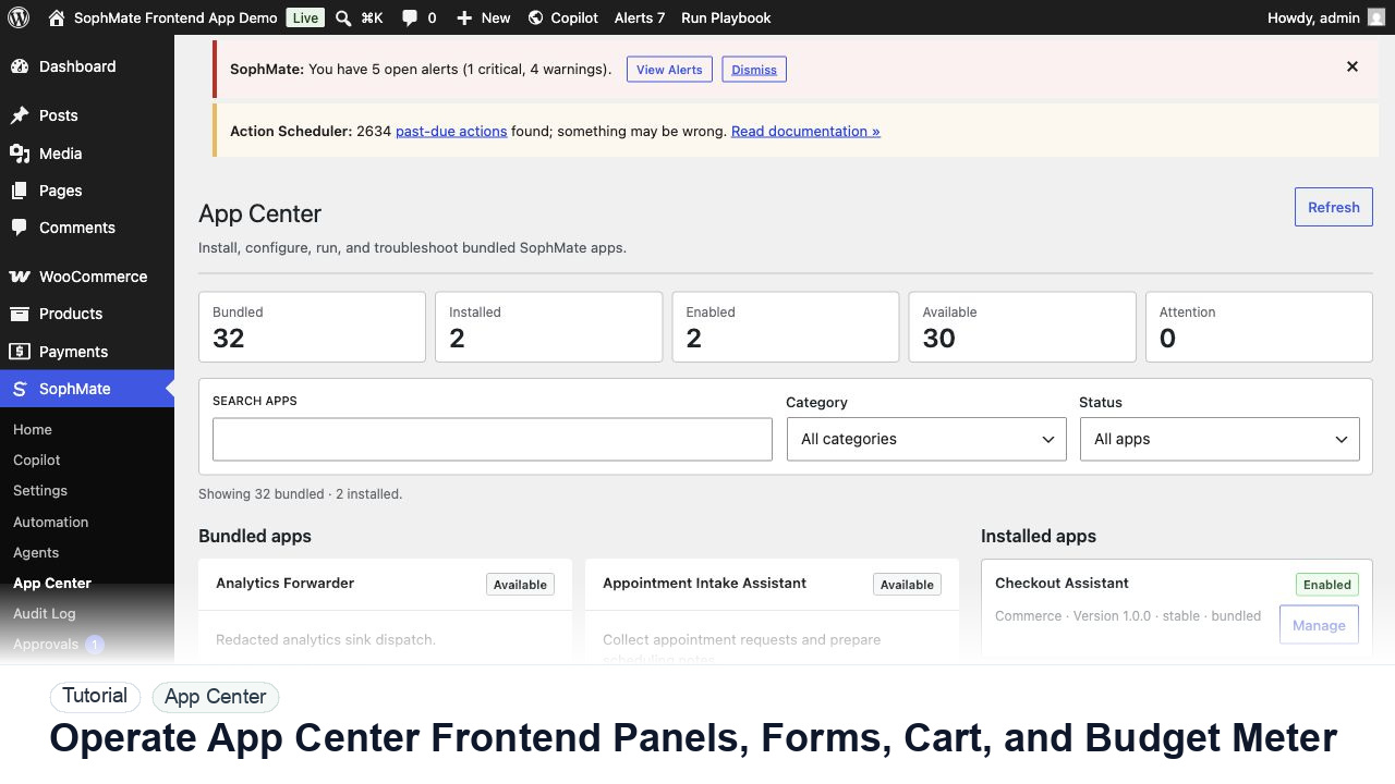SophMate tutorial image for Operate App Center Frontend Panels, Forms, Cart, and Budget Meter showing the related wp-admin workflow context.