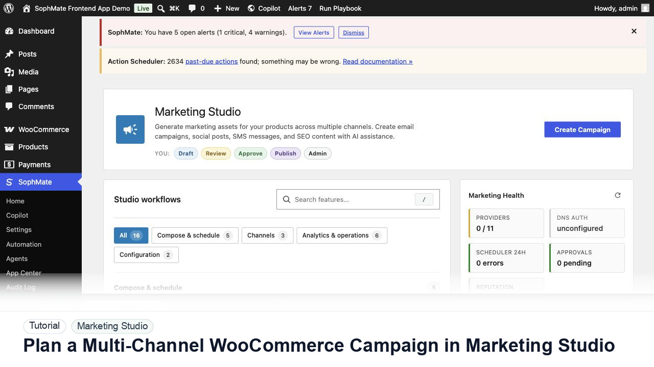 SophMate tutorial image for Plan a Multi-Channel WooCommerce Campaign in Marketing Studio showing the related wp-admin workflow context.