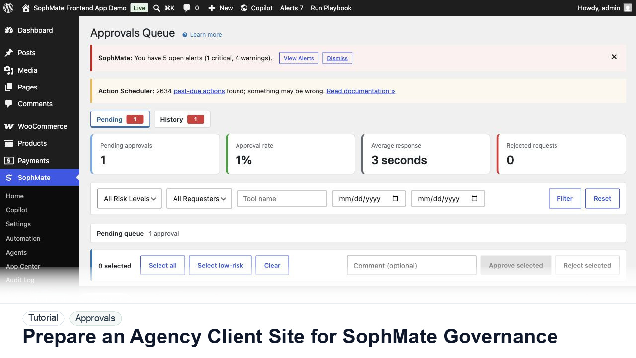 SophMate tutorial image for Prepare an Agency Client Site for SophMate Governance showing the related wp-admin workflow context.