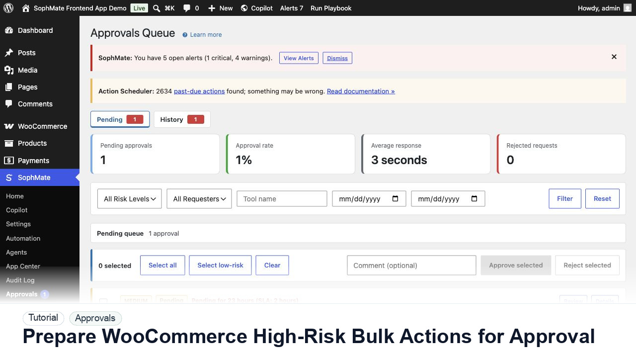 SophMate tutorial image for Prepare WooCommerce High-Risk Bulk Actions for Approval showing the related wp-admin workflow context.