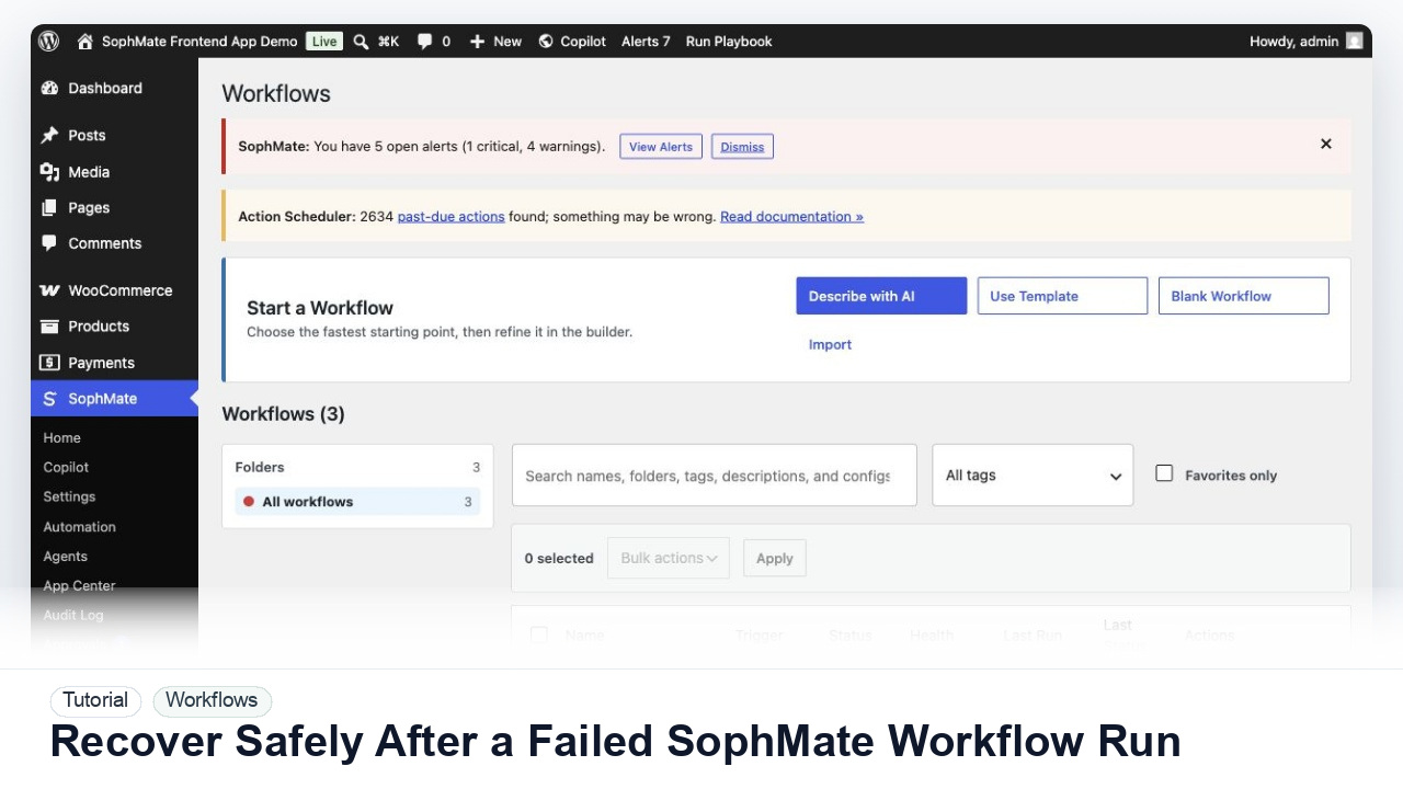SophMate tutorial image for Recover Safely After a Failed SophMate Workflow Run showing the related wp-admin workflow context.