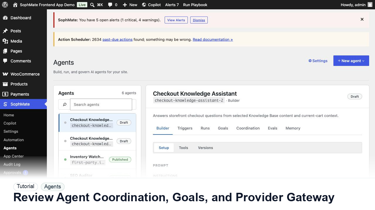 SophMate tutorial image for Review Agent Coordination, Goals, and Provider Gateway showing the related wp-admin workflow context.