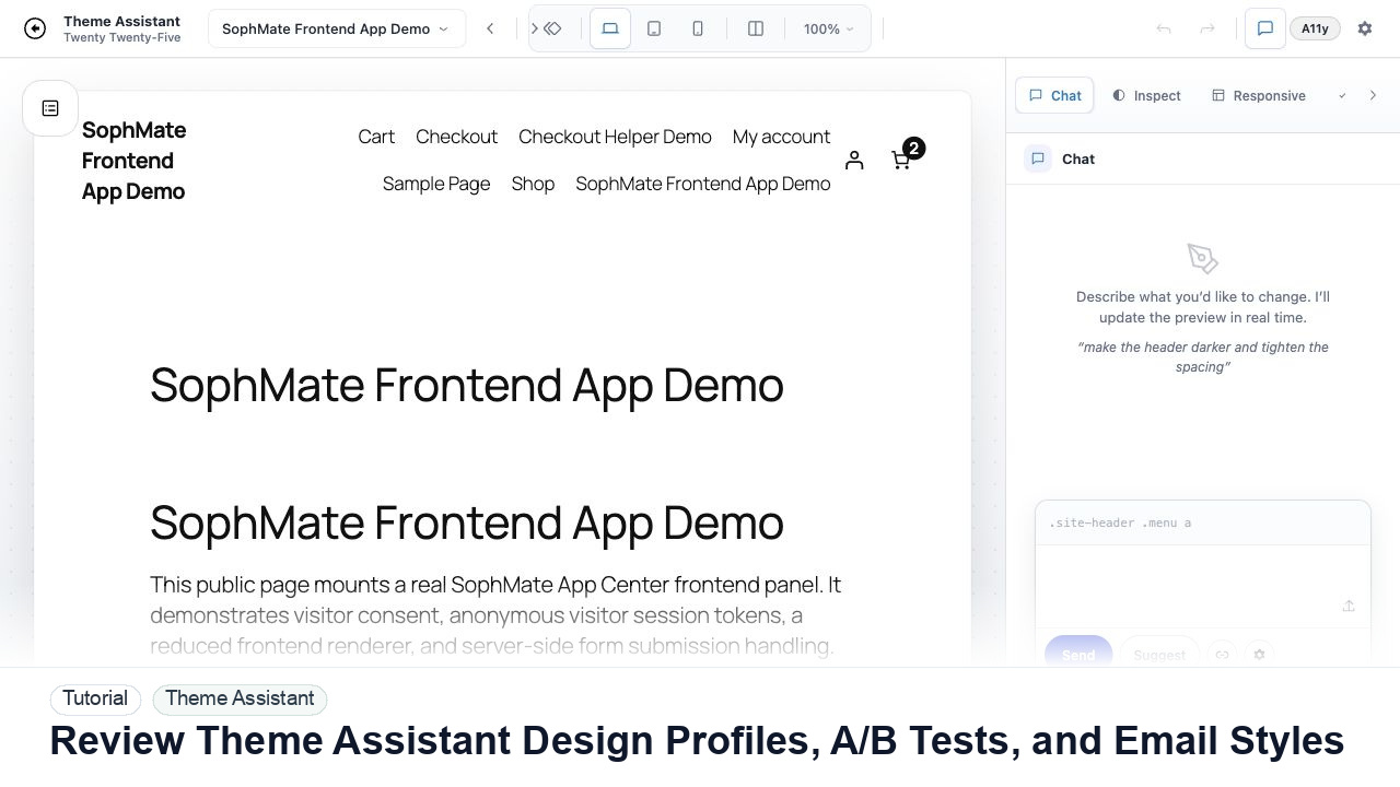 SophMate tutorial image for Review Theme Assistant Design Profiles, A/B Tests, and Email Styles showing the related wp-admin workflow context.