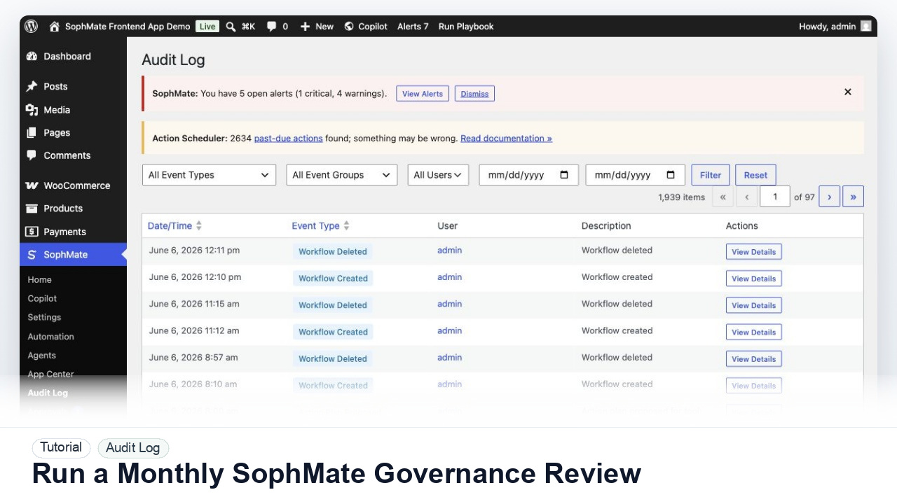 SophMate tutorial image for Run a Monthly SophMate Governance Review showing the related wp-admin workflow context.