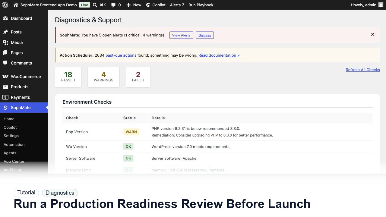 SophMate tutorial image for Run a Production Readiness Review Before Launch showing the related wp-admin workflow context.