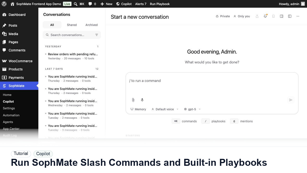 SophMate tutorial image for Run SophMate Slash Commands and Built-in Playbooks showing the related wp-admin workflow context.