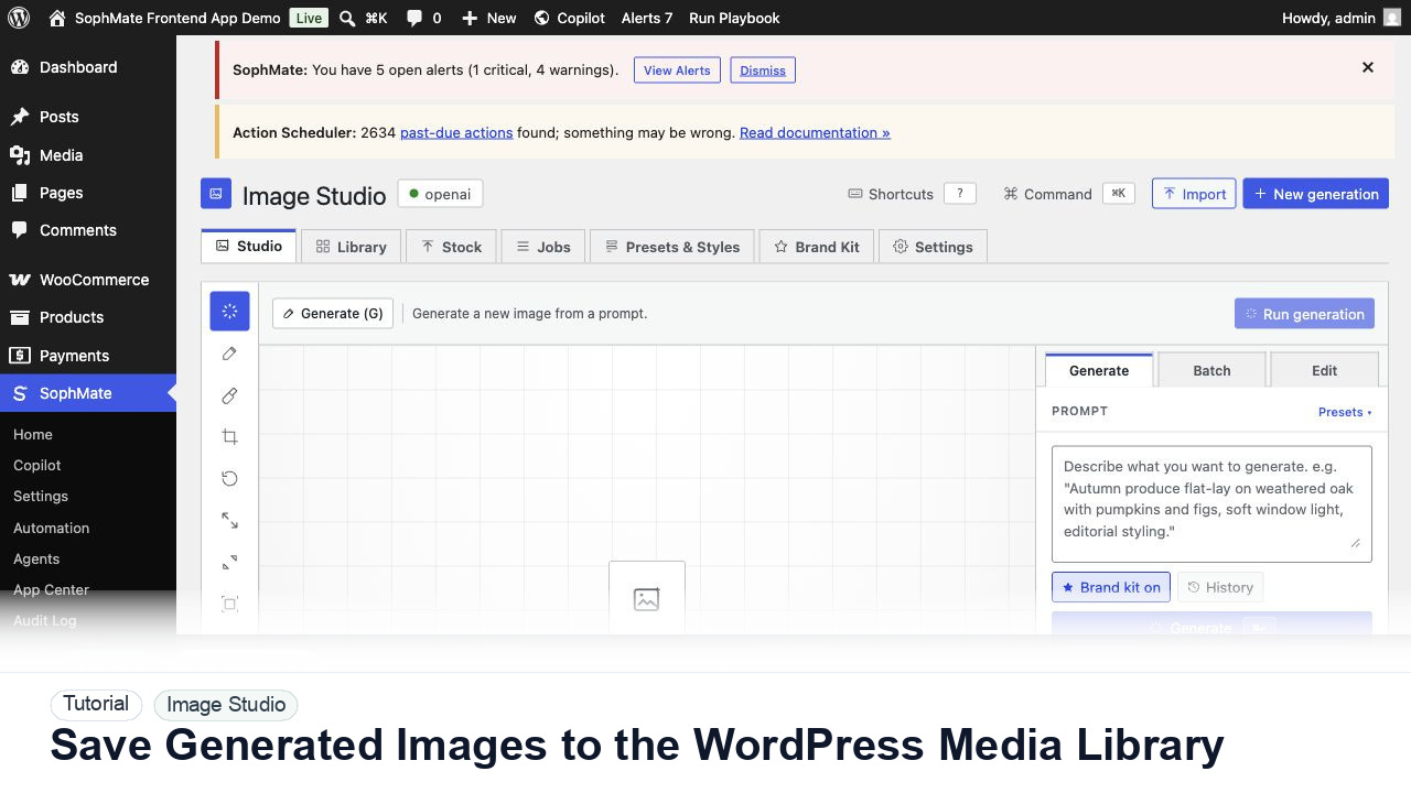 SophMate tutorial image for Save Generated Images to the WordPress Media Library showing the related wp-admin workflow context.