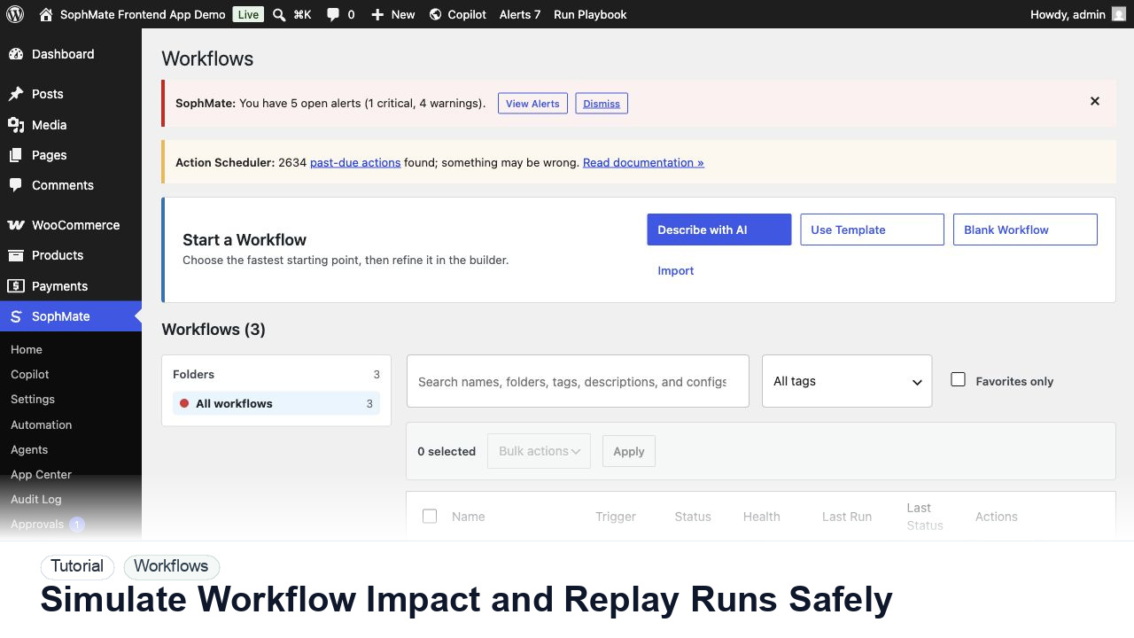 SophMate tutorial image for Simulate Workflow Impact and Replay Runs Safely showing the related wp-admin workflow context.