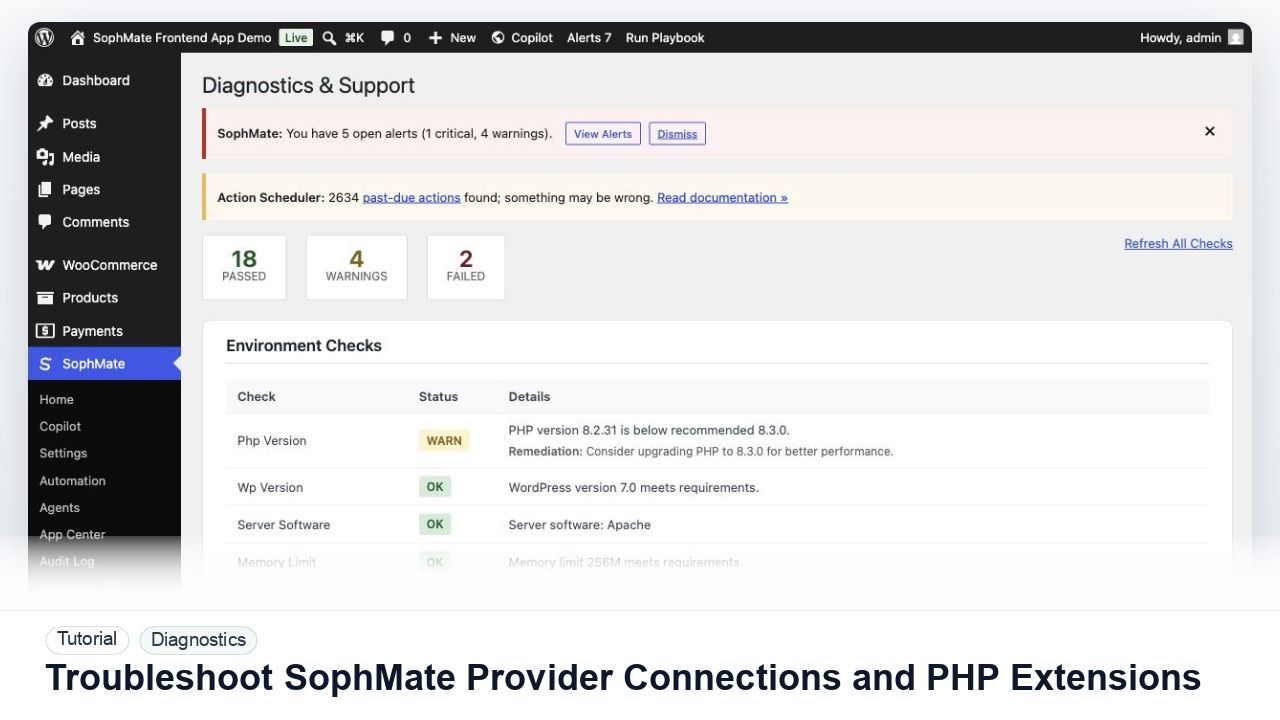 SophMate tutorial image for Troubleshoot SophMate Provider Connections and PHP Extensions showing the related wp-admin workflow context.