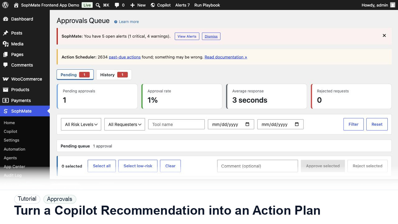 SophMate tutorial image for Turn a Copilot Recommendation into an Action Plan showing the related wp-admin workflow context.