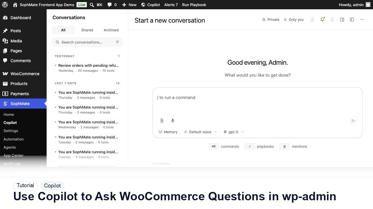 SophMate tutorial image for Use Copilot to Ask WooCommerce Questions in wp-admin showing the related wp-admin workflow context.