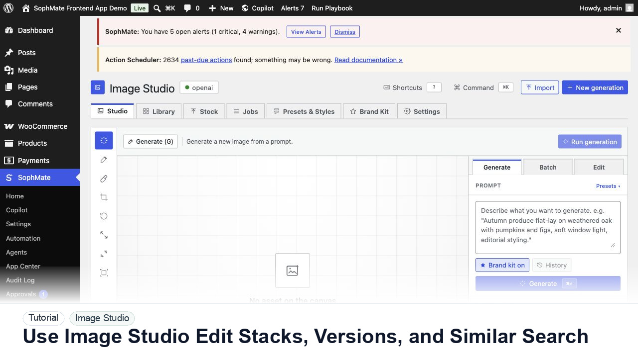SophMate tutorial image for Use Image Studio Edit Stacks, Versions, and Similar Search showing the related wp-admin workflow context.