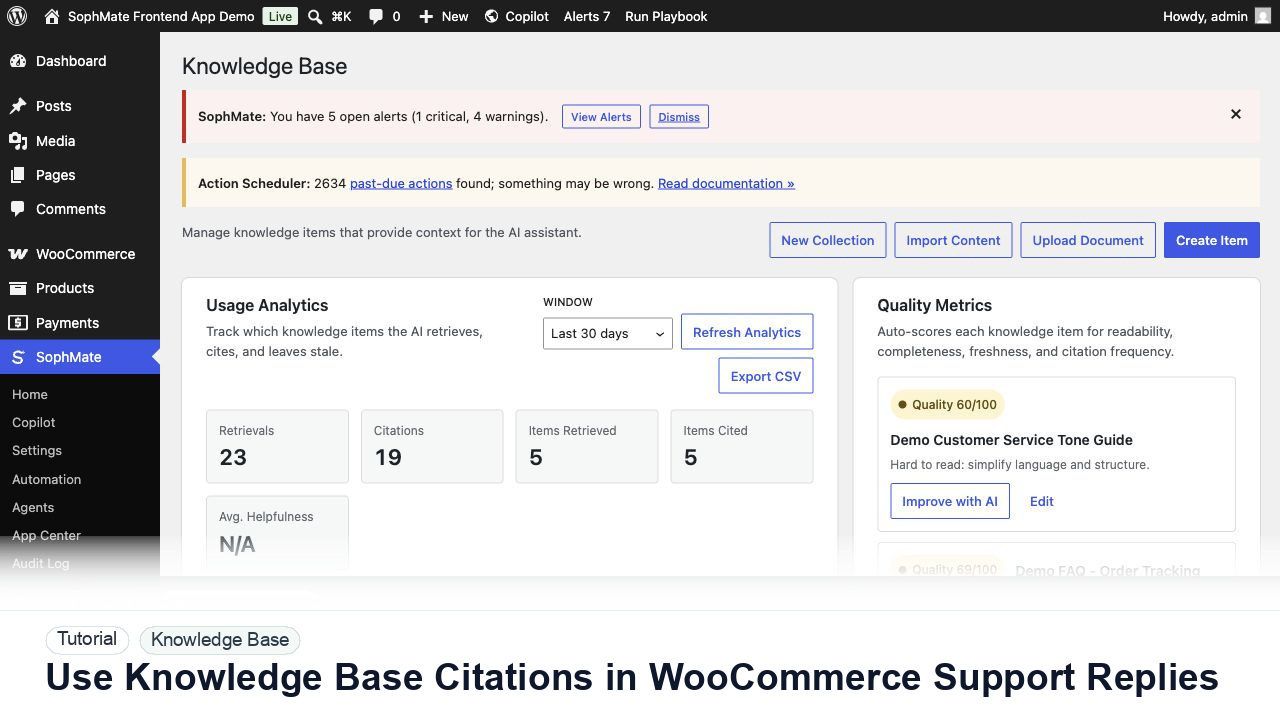 SophMate tutorial image for Use Knowledge Base Citations in WooCommerce Support Replies showing the related wp-admin workflow context.